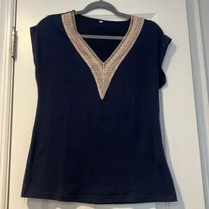 Gently worn Navy cotton blend shirt with crocheted v-neck